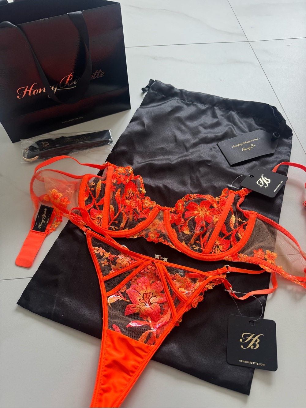 Honey Birdette Orange & Black Floral Embroidered Lace Bra & Thong Set